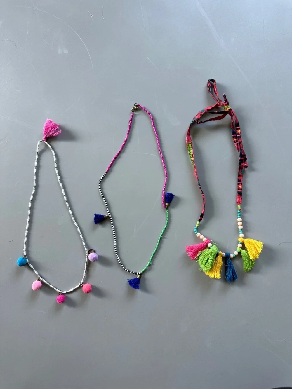 Girls Tassel Bead + Pompom Necklaces (3)